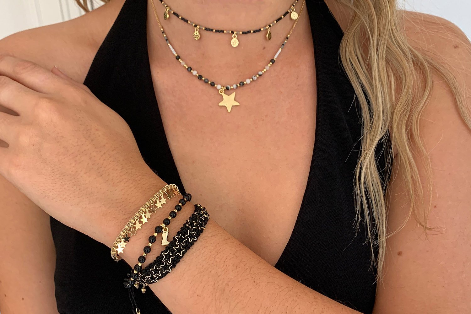 Chandra Black & Gold Star Charm Necklace