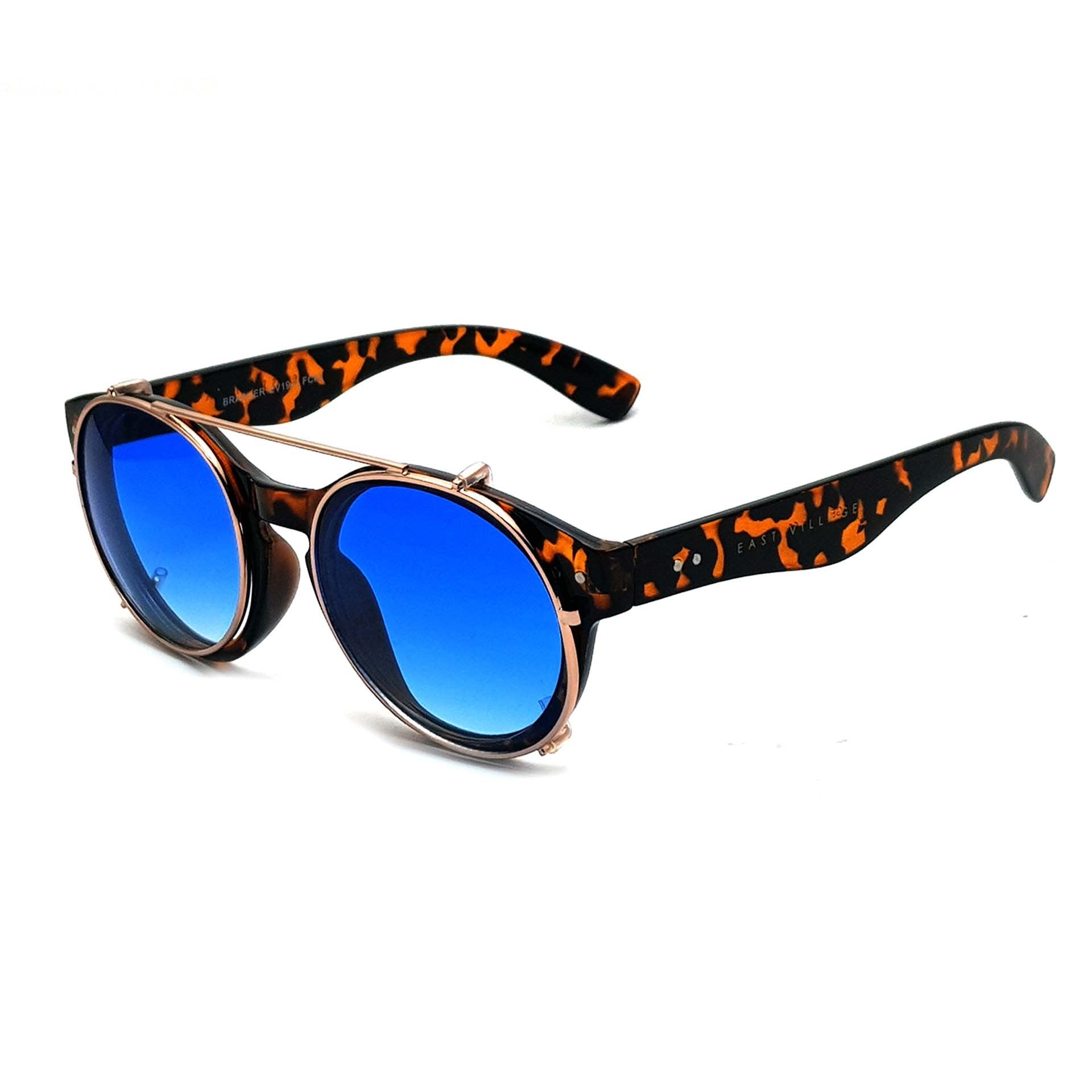 'Brawler' Round Sunglasses Tortoiseshell And Metal With Blue Lens